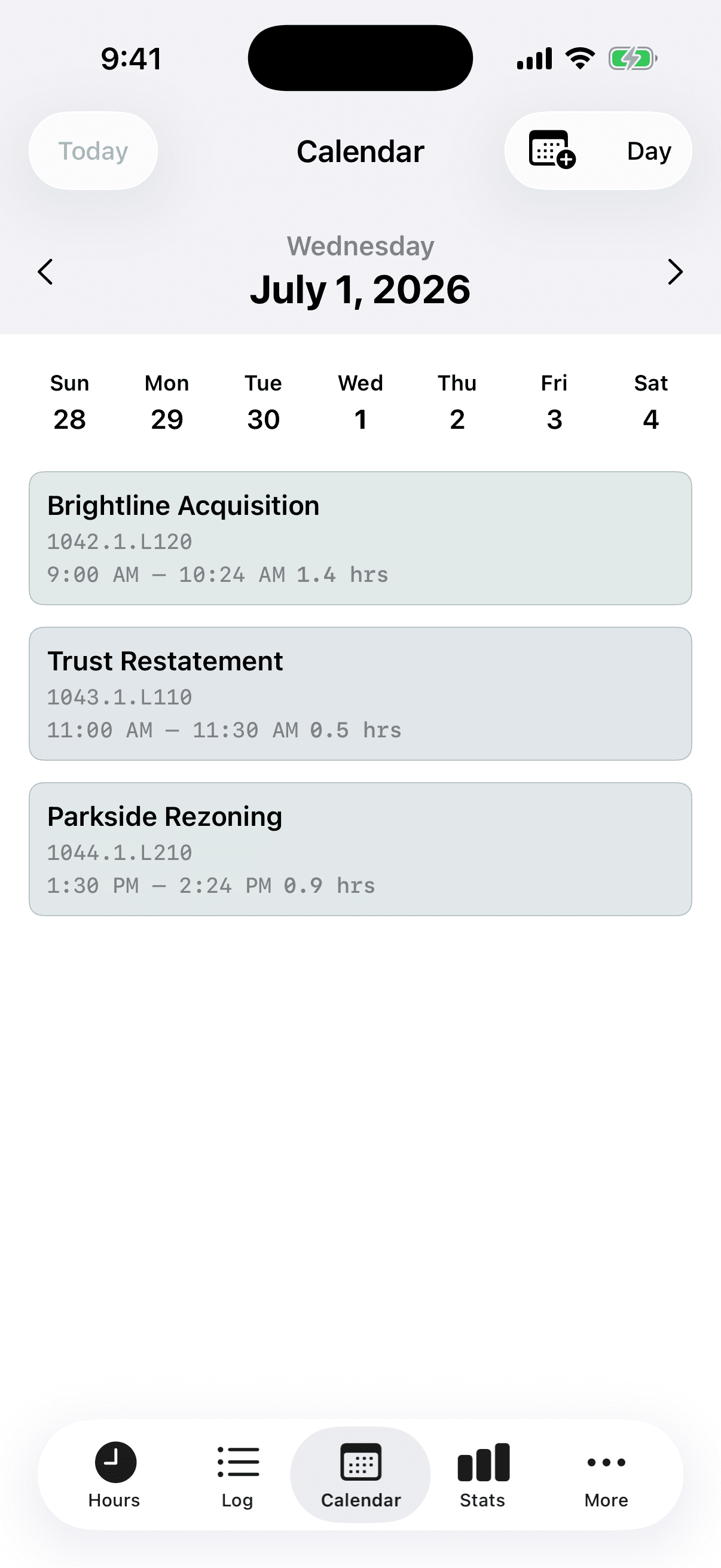 TRYX iPhone calendar: a week of tracked time with matter IDs, task codes, and hours per block