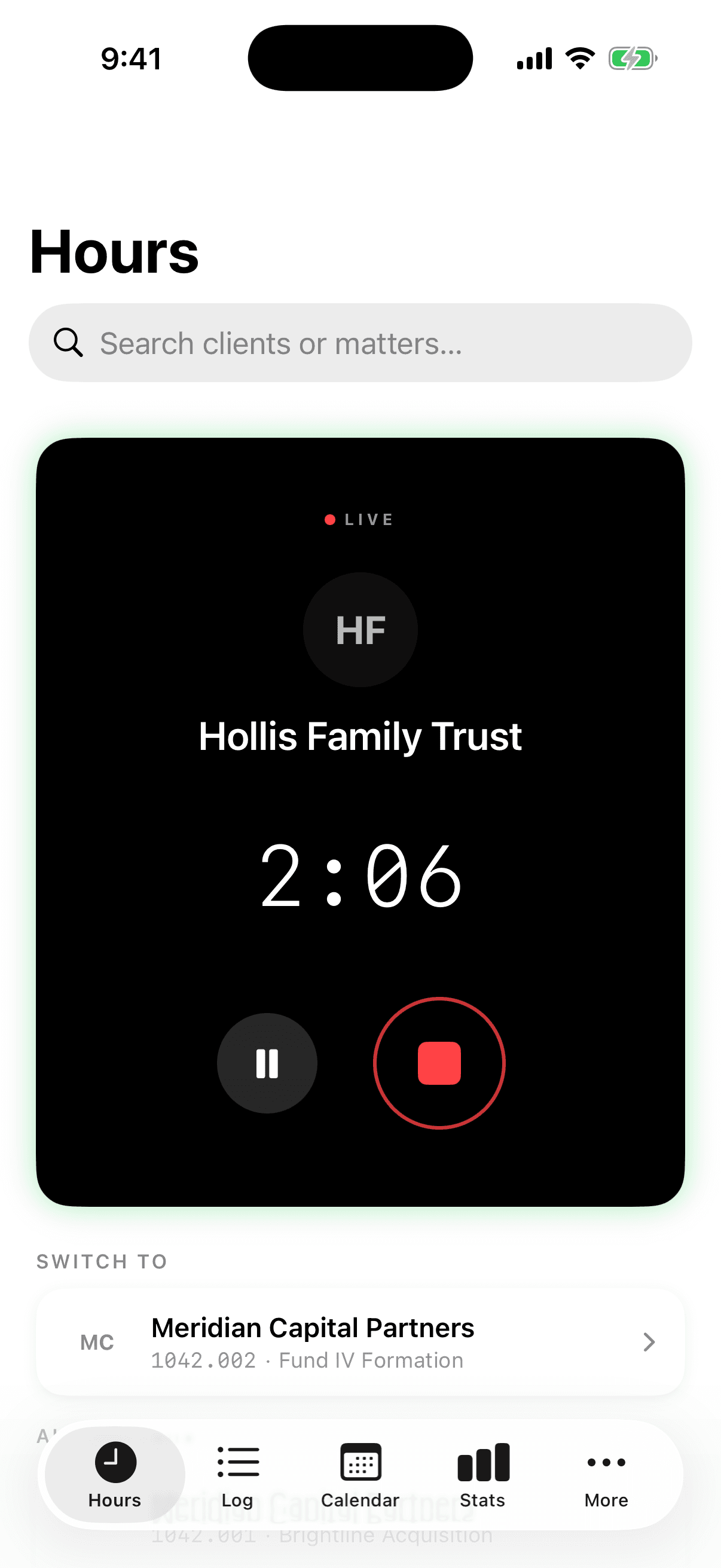 TRYX iPhone home screen: client matters with one-tap timers