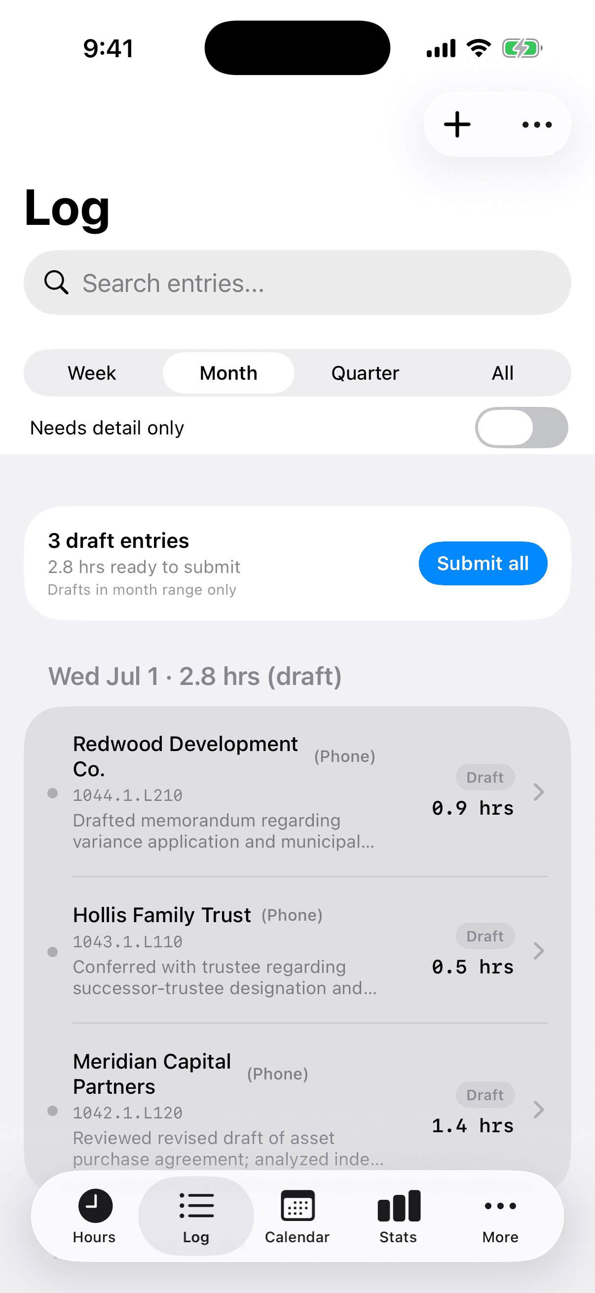 TRYX hours log: draft entries with matter IDs, notes, and one-tap submit all